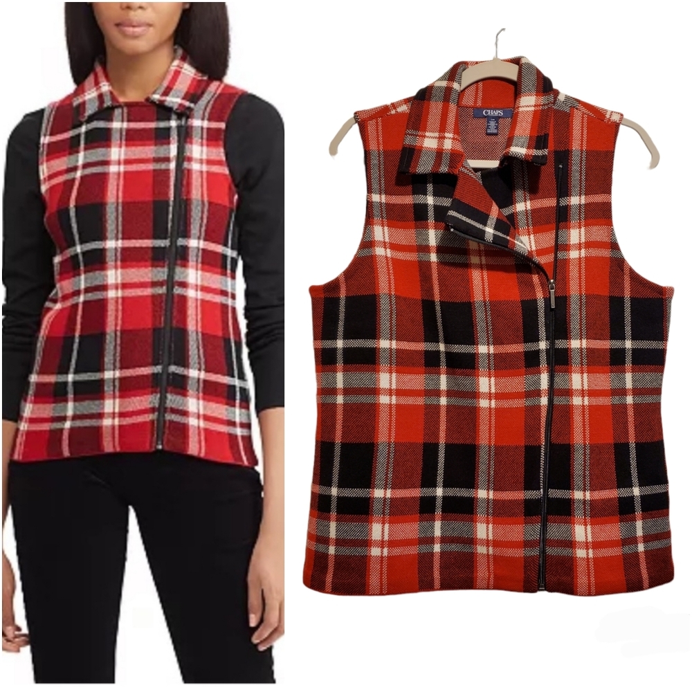 CHAPS Plaid Asymmetrical Zipper Vest Size L Red